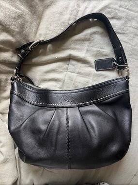 Coach Black Leather Pleated Shoulder Bag with Silver Hardware
